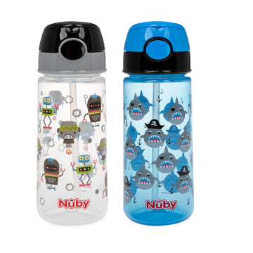 Nuby 2-Pack Kids Printed Flip-It Active Water Bottle With Push Button Cap And Soft Straw - 18Oz / 540Ml, 18+ Months, 2-Pack, Pri