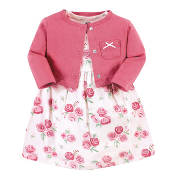 Hudson Baby Baby Girls' Cotton Dress And Cardigan Set, Blush Rose, 3-6 Months