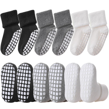 Lanleo Baby Girls Boys Non Slip Socks With Grips Toddler Kids Unisex Warm Thick Cotton Ankle Crew Socks With Grippers 2 Black 2