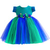 Stanwells Kids Baby Girls Peacock Blue Birthday Net Frock With Colorful Flower Embroidery | Sleeveless KneeLength Dress With Ru