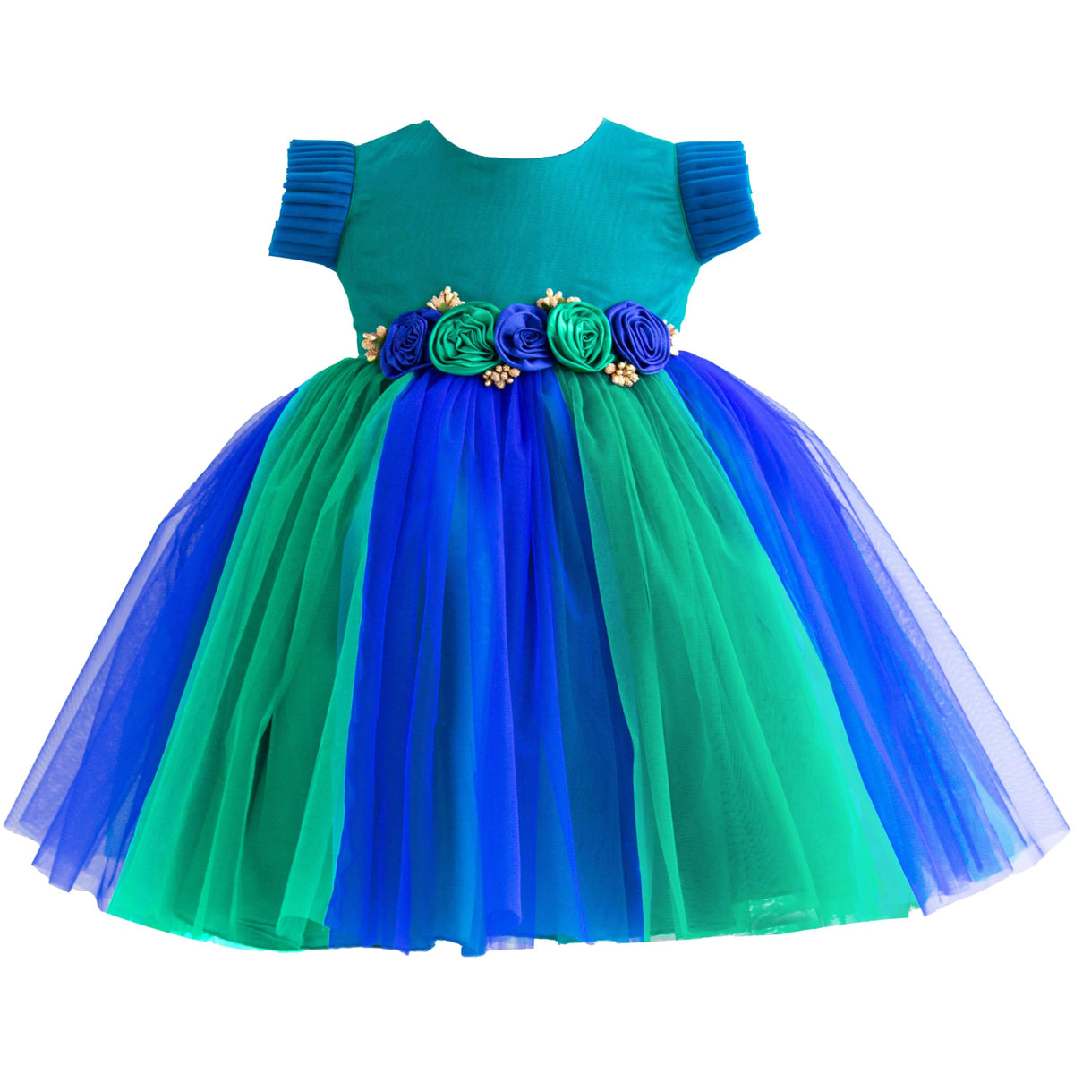 Stanwells Kids Baby Girls Peacock Blue Birthday Net Frock With Colorful Flower Embroidery | Sleeveless KneeLength Dress With Ru
