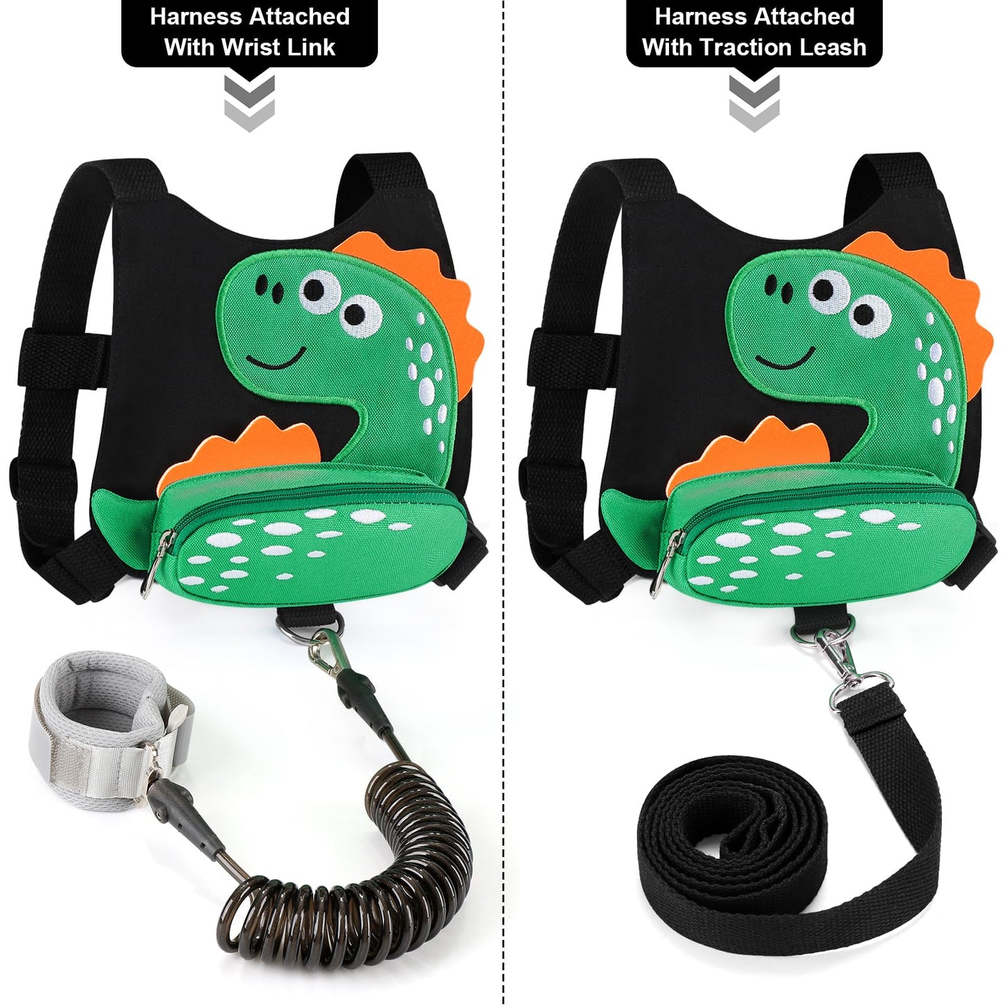 Accmor Toddler Harness Leash + Anti Lost Wrist Link, Cute Dinosaur Kids Leash Walking Harness, Baby Leashes For Toddlers, Child