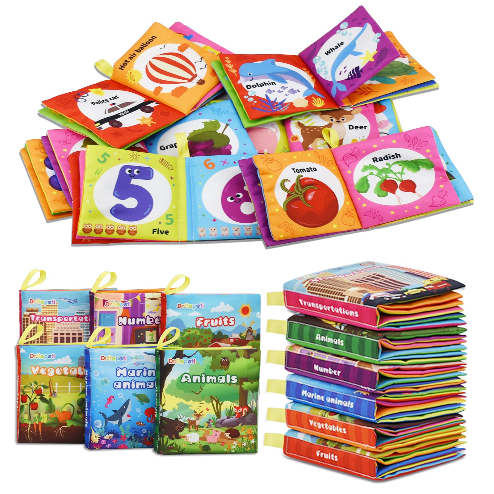 Dr.Rapeti Soft Cloth Books Baby Books Bath Books 6-Pack for Baby Infant Toddler Kids Crinkle Squeaky Washable Chewable Non-Toxic