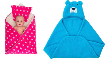 CTMKIDS Baby Wrap with Cushion Cap for Kids 74x84 cm  Pink & Baby Hooded Cum Wrap Blanket for Kids 92x66 cm  Firozi