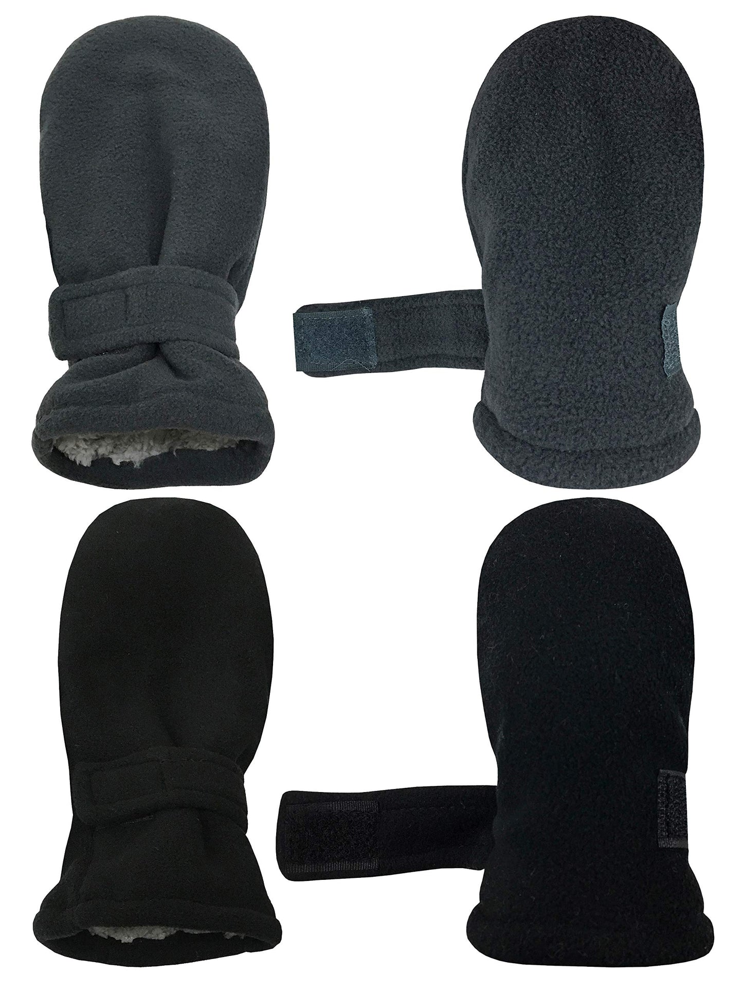 N'Ice Caps Little Kids And Baby Easy-On Sherpa Lined Fleece Mittens - 2 Pair Pack (Black/Charcoal Pack - Infant No Thumbs, 6-18
