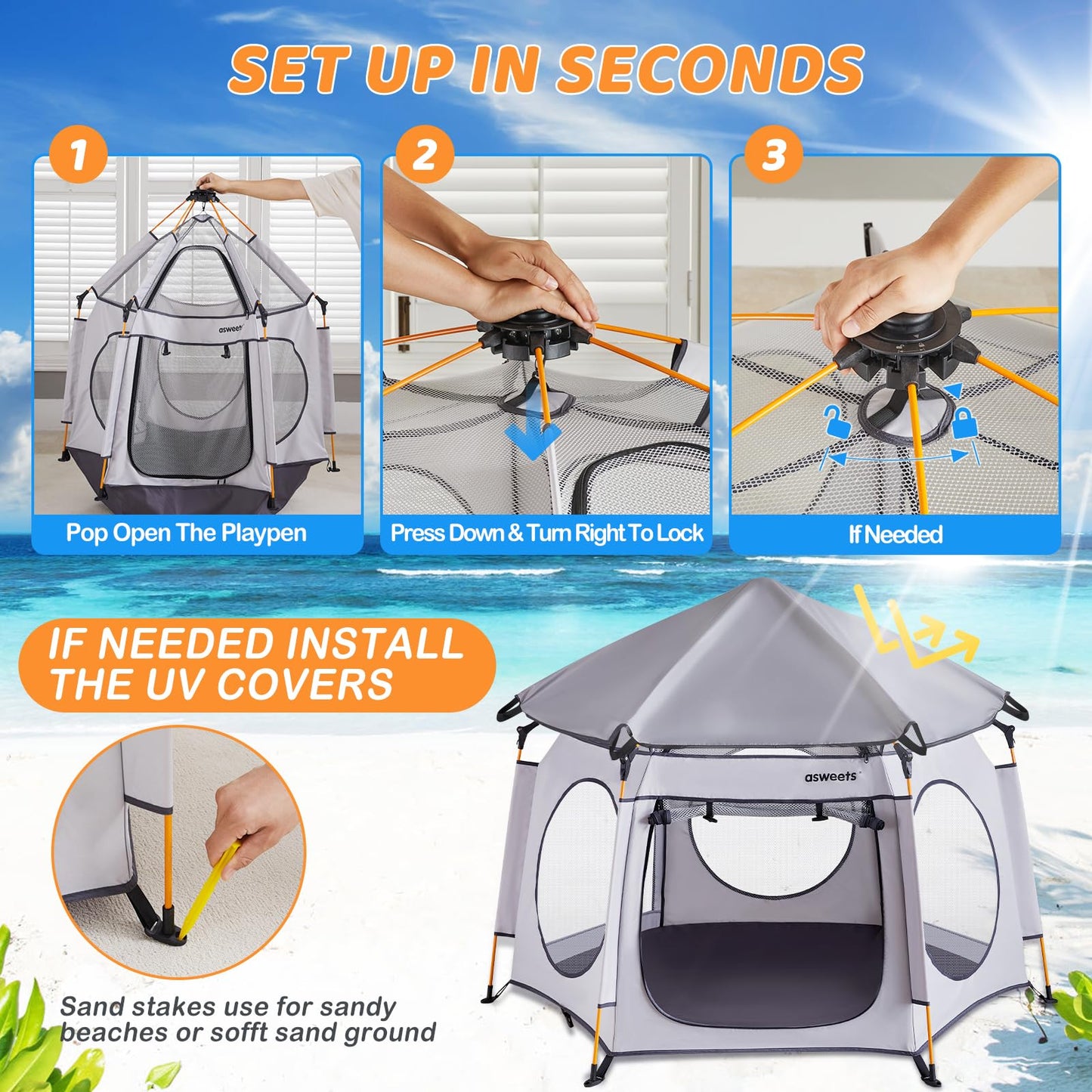 Asweets 4 In 1 Pop Up Playpen Indoor And Outdoor Portable, Lightweight Baby Playpen With Travel Bag,Baby Beach Tent And Play Tod