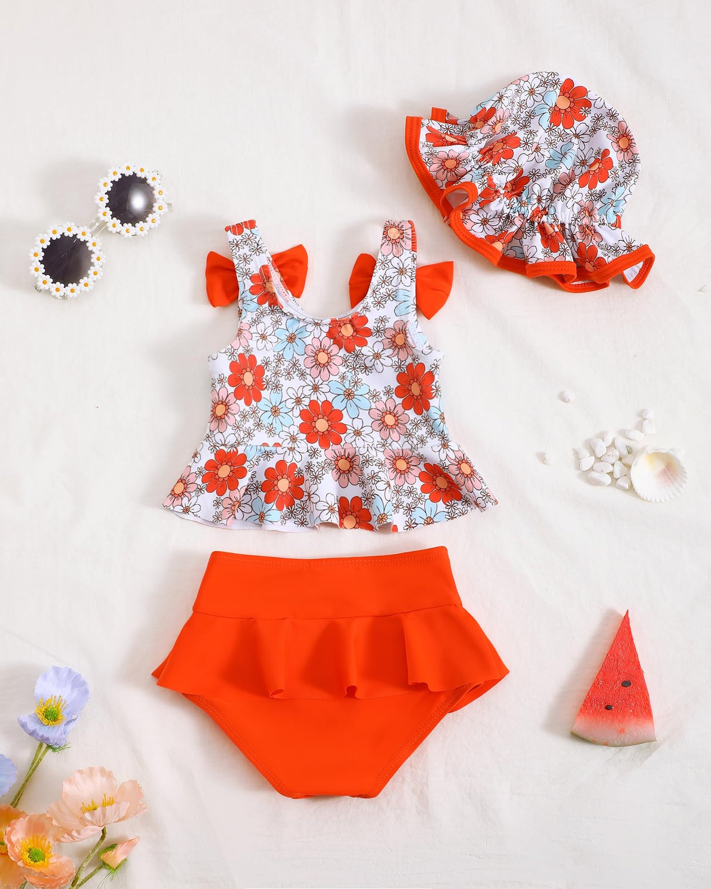Mioglrie Baby Girl Swimsuit 6-9 9-12 Months Baby Bathing Suit Girl Orange Dasiy Bikini Summer Beach Swimwear Infant Tankini Hat