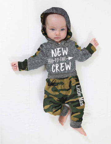 Fommy Baby Boy Clothes New To The Crew Letter Print Hoodies+Camouflage Long Pants Camo 2Pcs Outfits Set 9-12 Months