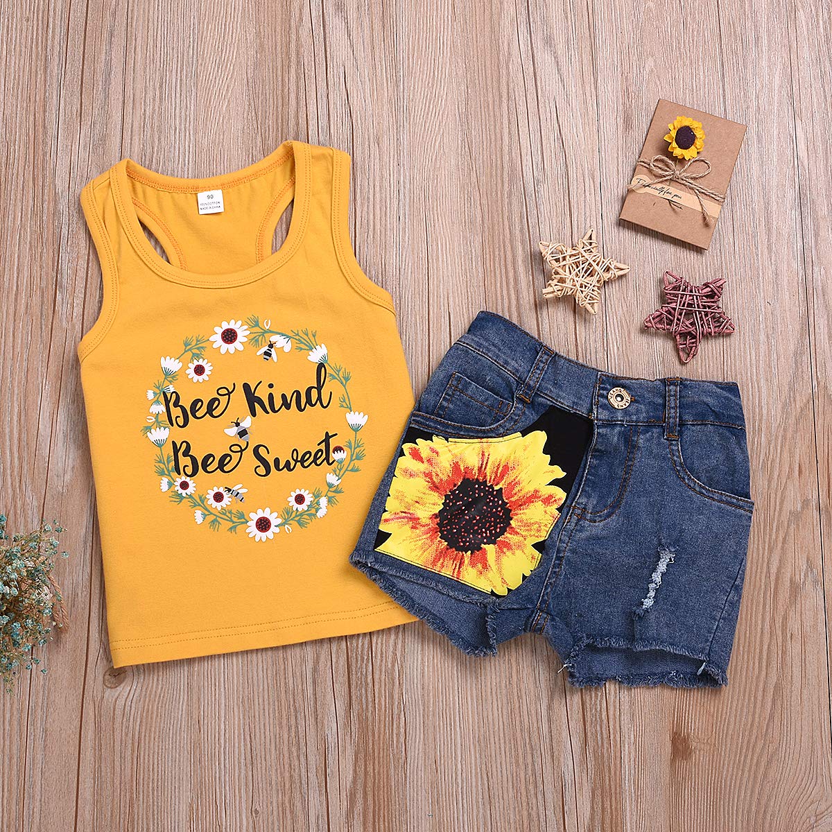 2Pcs/Set Toddler Kids Baby Girl Sleeveless Floral T-Shirt Top Sunflower Denim Jeans Shorts Outfits 1-8T (Yellow, 7-8 Years Old)