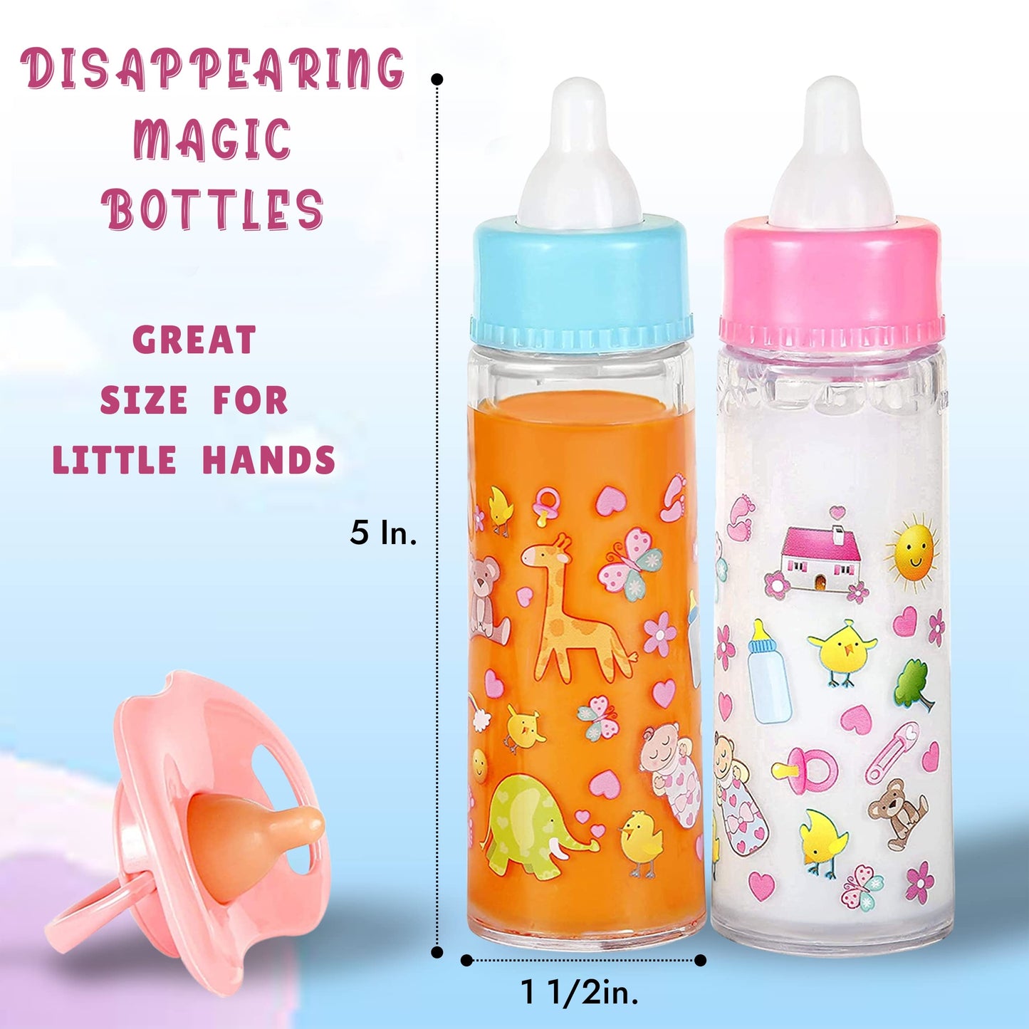 Exquisite Buggy My Sweet Baby Disappearing Magic Bottles - Includes 1 Milk, 1 Juice Bottle With Pacifier For Baby Doll (Colorful