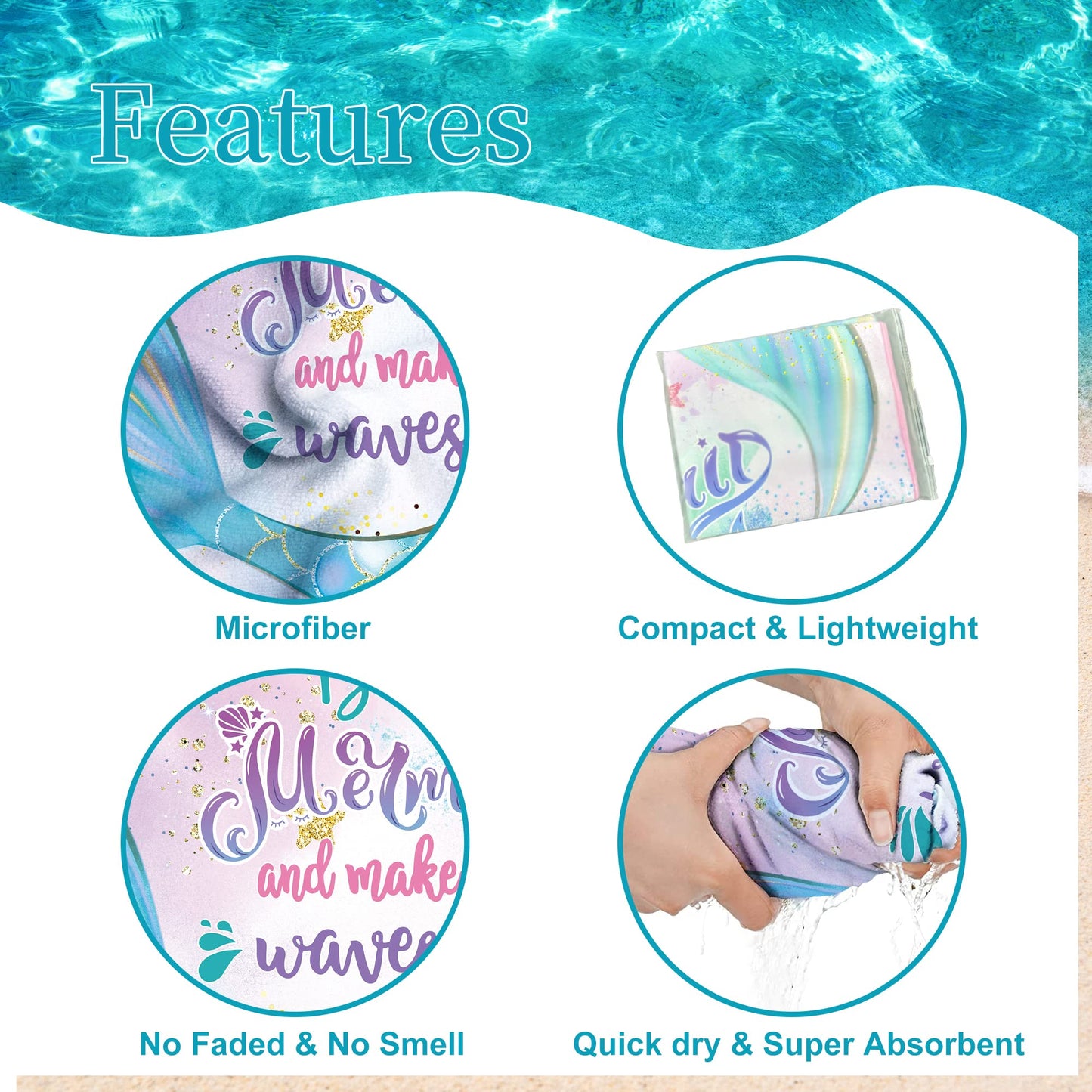 Unibyby Mermaid Beach Towel, Mermaid Hooded Towel, Mermaid Scales Tail Towel For Girls 30' X 50', Teal Microfiber Absorbent Qu