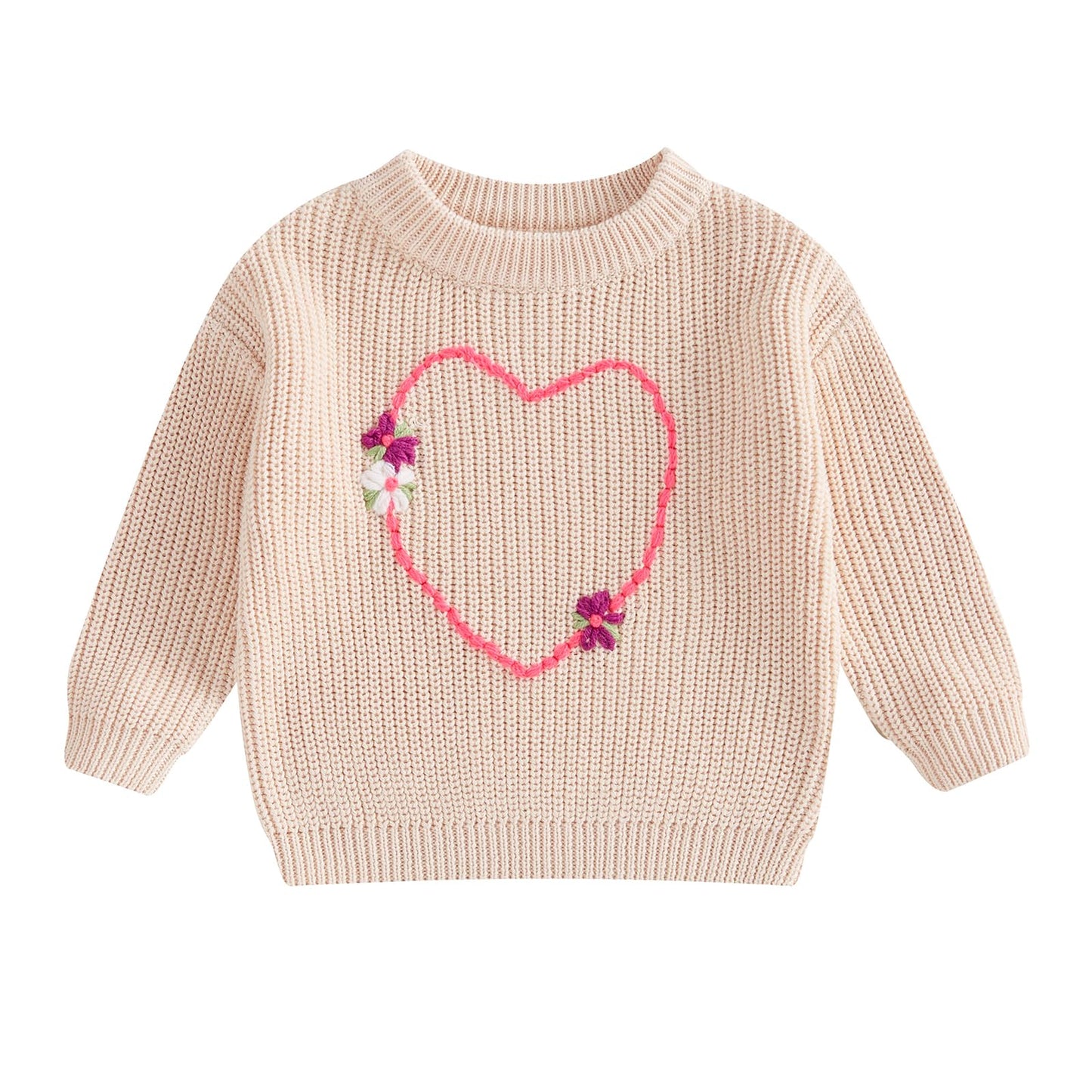 Nokpsedcb Baby Girl Cute Long Sleeve Heart Flowers Embroidery Oversized Sweater Toddler Valentine Outfit (Beige, 3-4 Years)