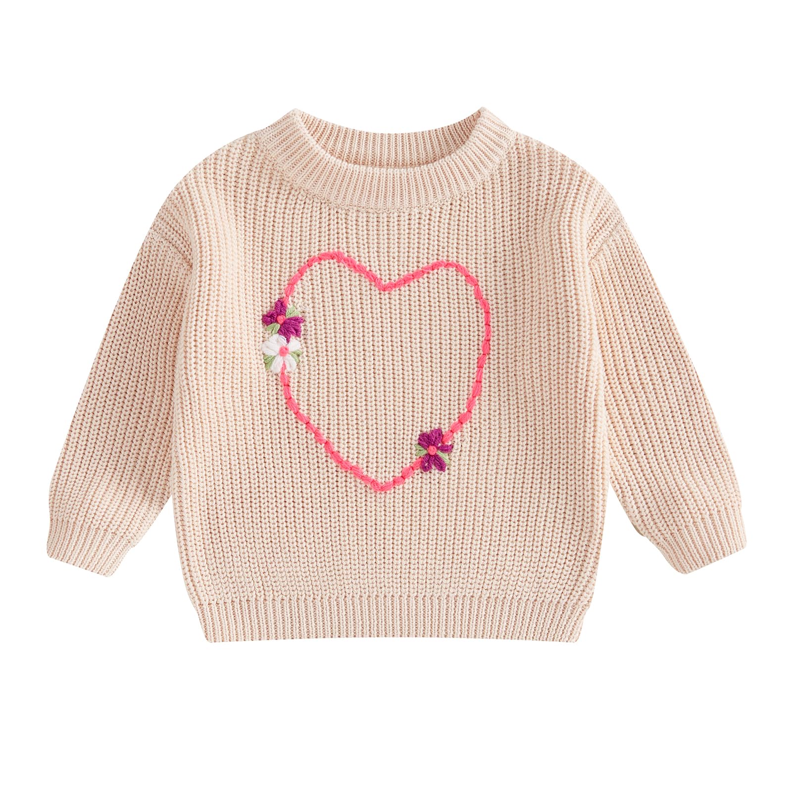 Nokpsedcb Baby Girl Cute Long Sleeve Heart Flowers Embroidery Oversized Sweater Toddler Valentine Outfit (Beige, 18-24 Months)