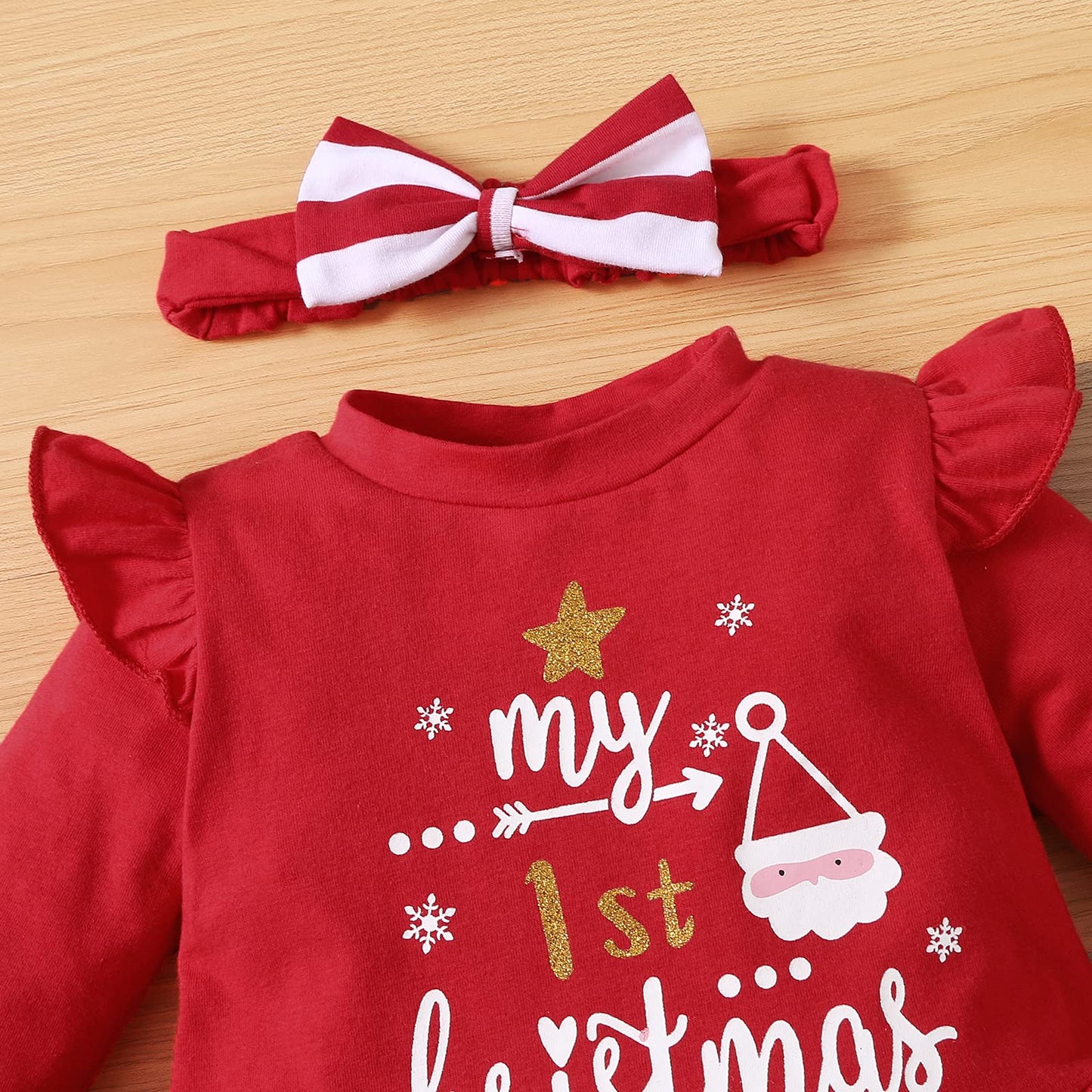 Ptomurs Newborn Baby Girls My 1St Christmas Outfits Santa Print Ruffle Sleeve Dress Shirt Tops + Stripe Pants +Headbands Set(Red