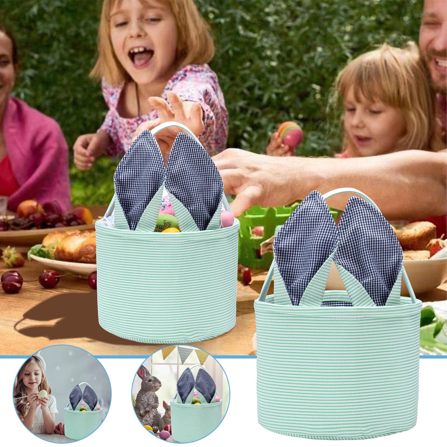 Easter Bunny Basket Seersucker Egg Bags For Kids,Personalized Candy Egg Basket Rabbit Print Buckets With Fluffy Tail Gifts Bags