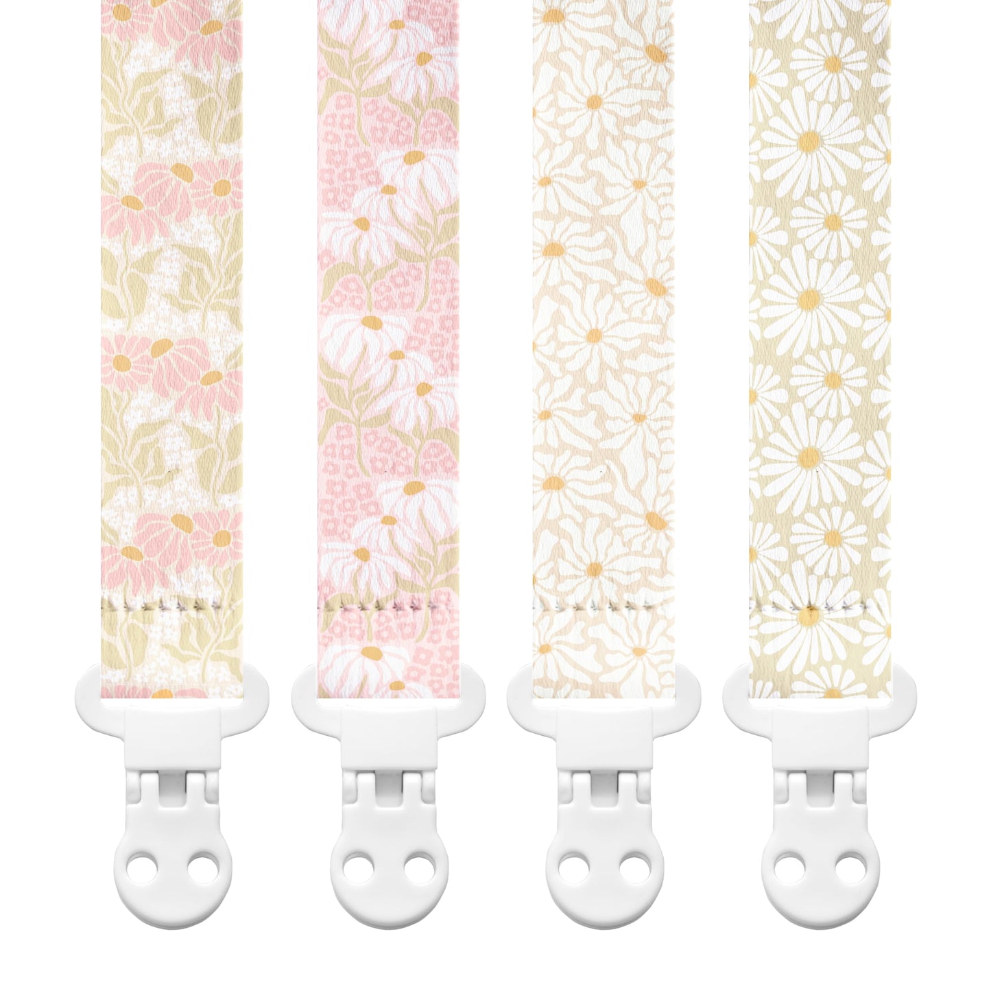 Stadela Baby Fabric Pacifier Clip Holder, Plastic Clip, 4-Pack, Flowers Pattern, Poloma Set