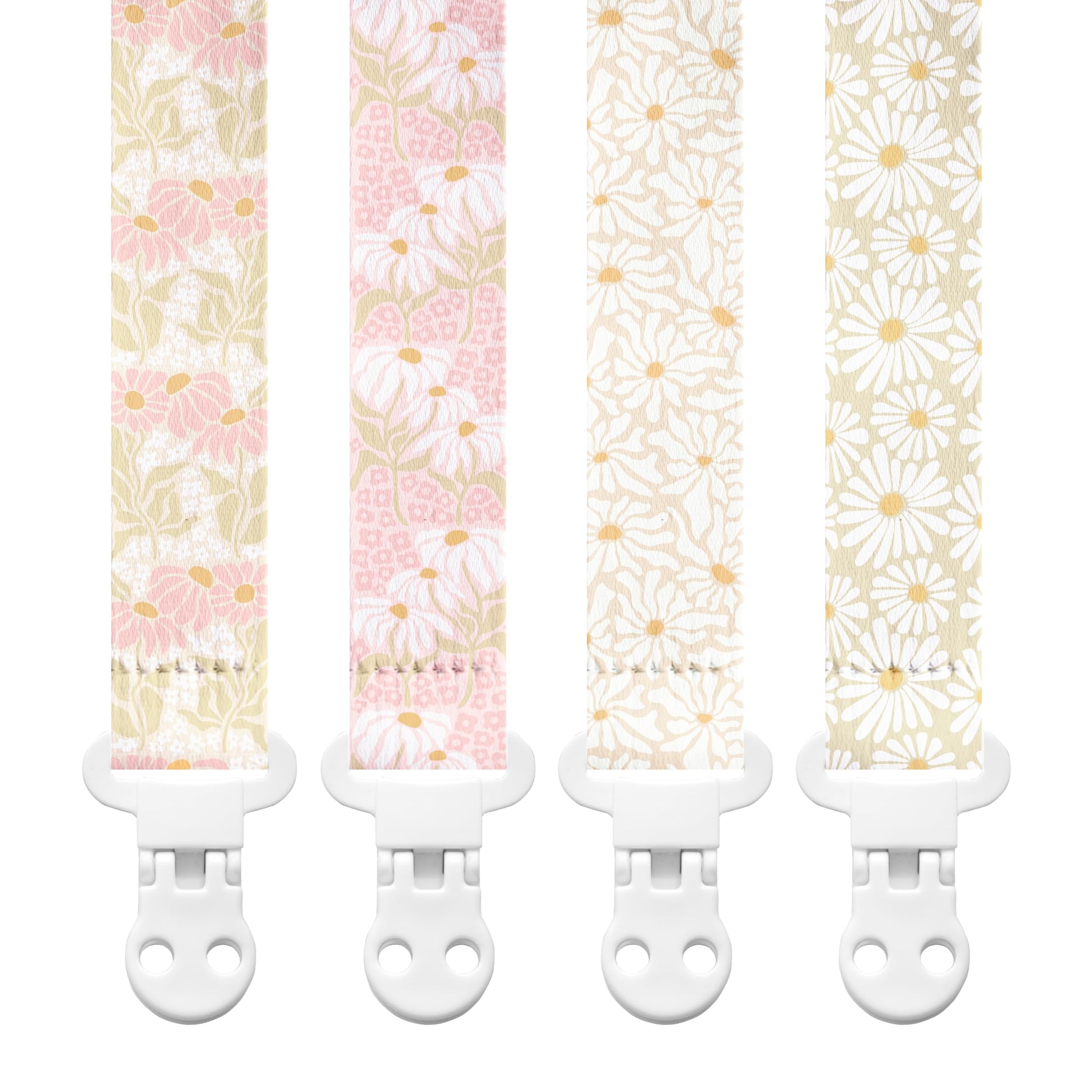 Stadela Baby Fabric Pacifier Clip Holder, Plastic Clip, 4-Pack, Flowers Pattern, Poloma Set
