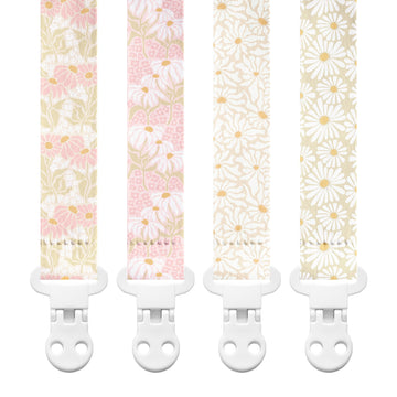 Stadela Baby Fabric Pacifier Clip Holder, Plastic Clip, 4-Pack, Flowers Pattern, Poloma Set