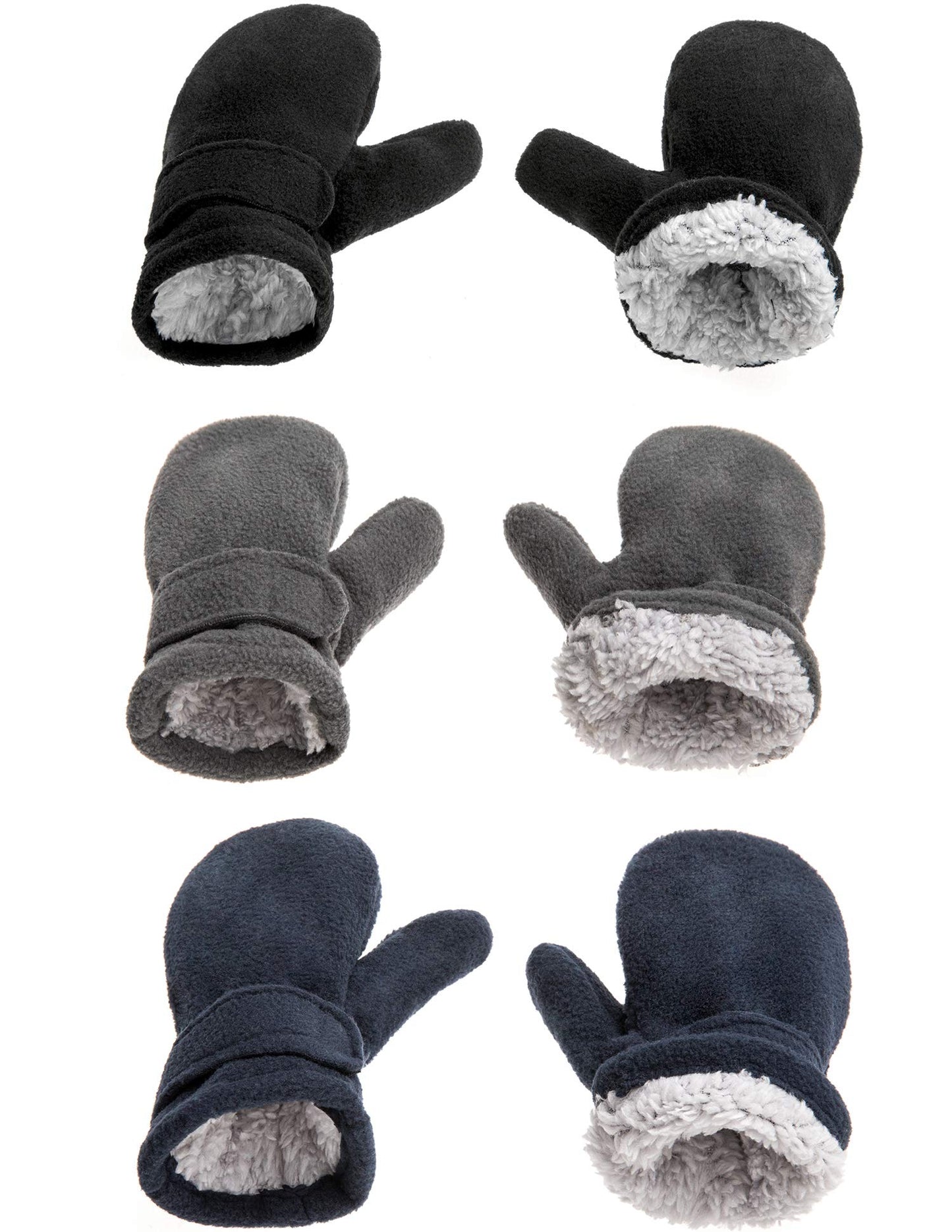 Baby Toddler Mittens Boys Girls Winter Outdoor Gloves Kids Easy-On Fleece Warm Mittens Black Gray Navy 3 Pairs M(1-2 Years)