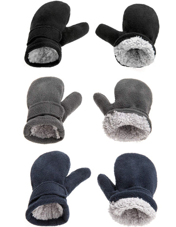 Baby Toddler Mittens Boys Girls Winter Outdoor Gloves Kids Easy-On Fleece Warm Mittens Black Gray Navy 3 Pairs M(1-2 Years)