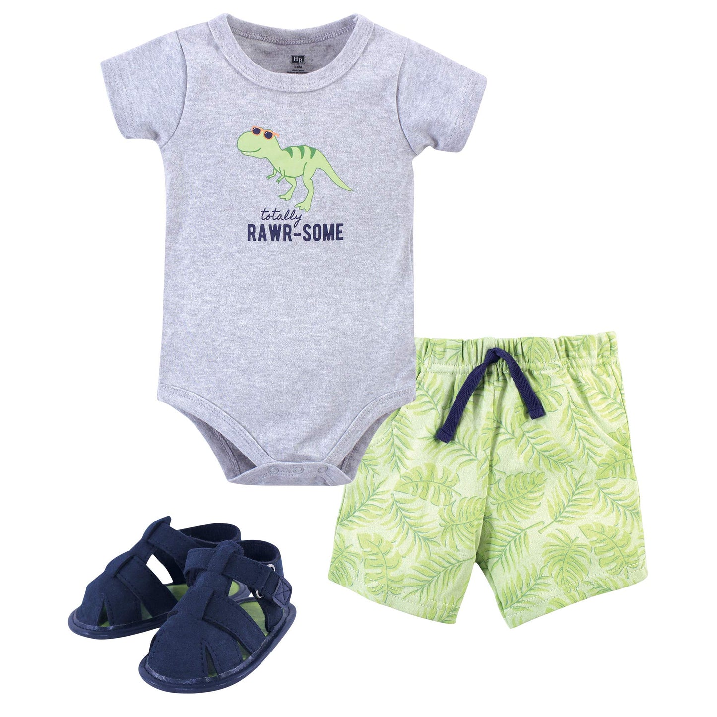 Hudson Baby Unisex Baby Cotton Bodysuit, Shorts And Shoe Set Rawr-Some Dino, 9-12 Months