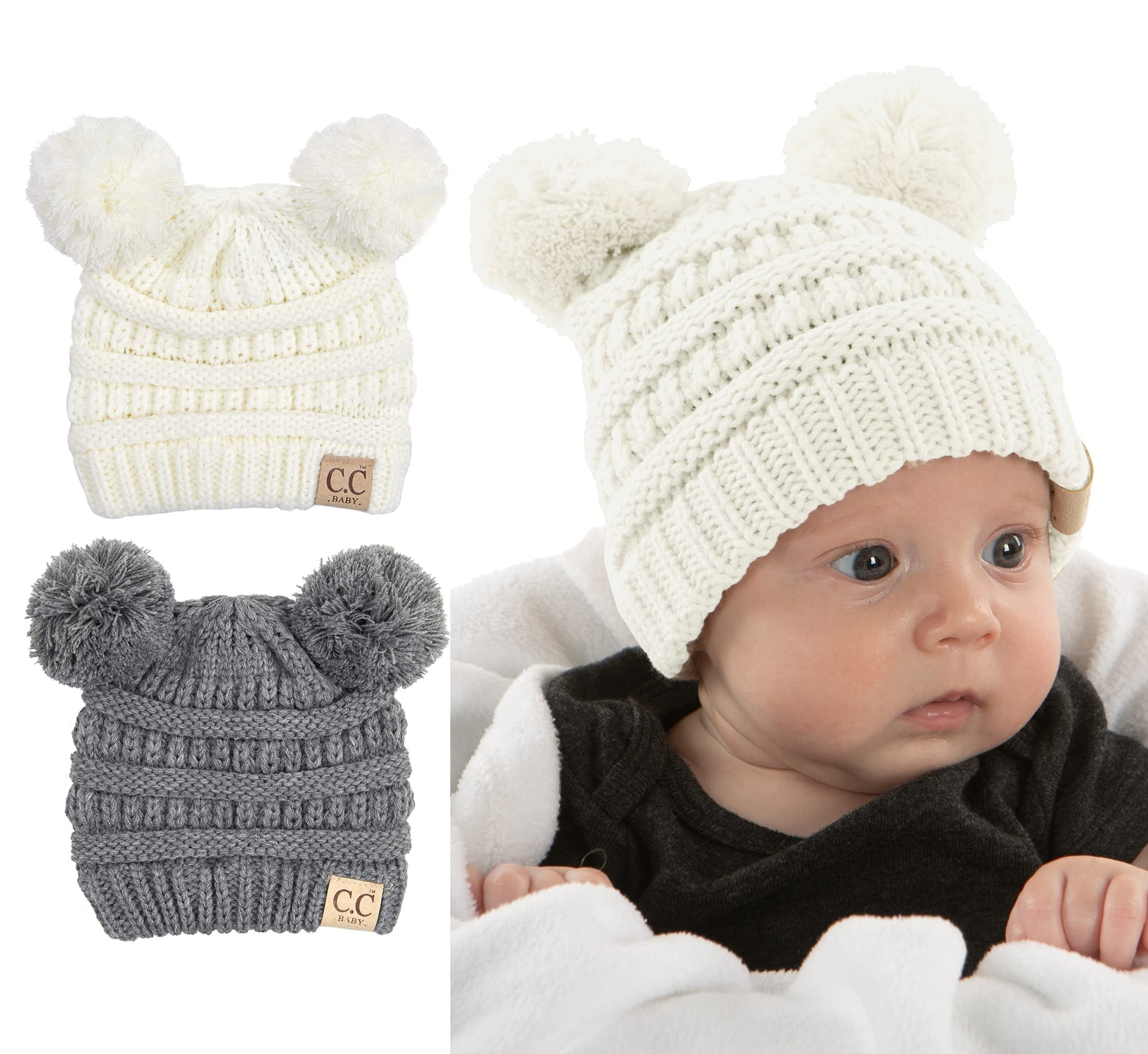 Funky Junque Baby Girl Winter Hat Double Pom Pom Beanie For Baby By Warm Knit Infant Skull Cap 2 Pack Ivory & Grey