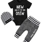 Baby Boy Clothes 0-3 Months Newborn Boy Outfits New To The Crew Short Sleeve Black Romper Shirts +Long Pants+Stripe Hat Cute Bab