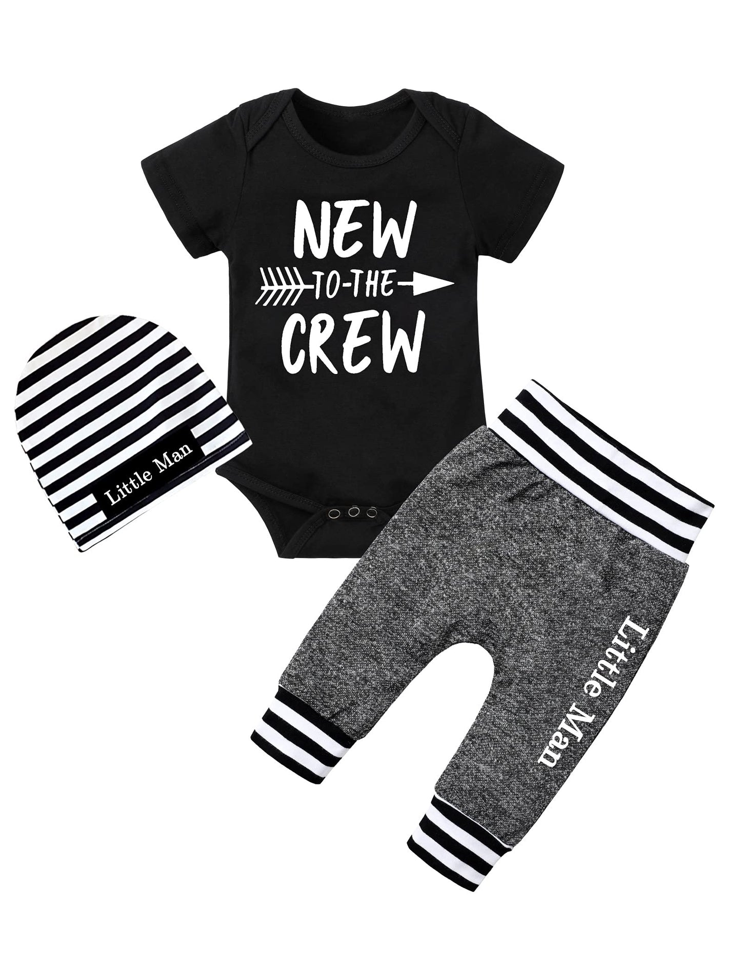 Baby Boy Clothes 0-3 Months Newborn Boy Outfits New To The Crew Short Sleeve Black Romper Shirts +Long Pants+Stripe Hat Cute Bab