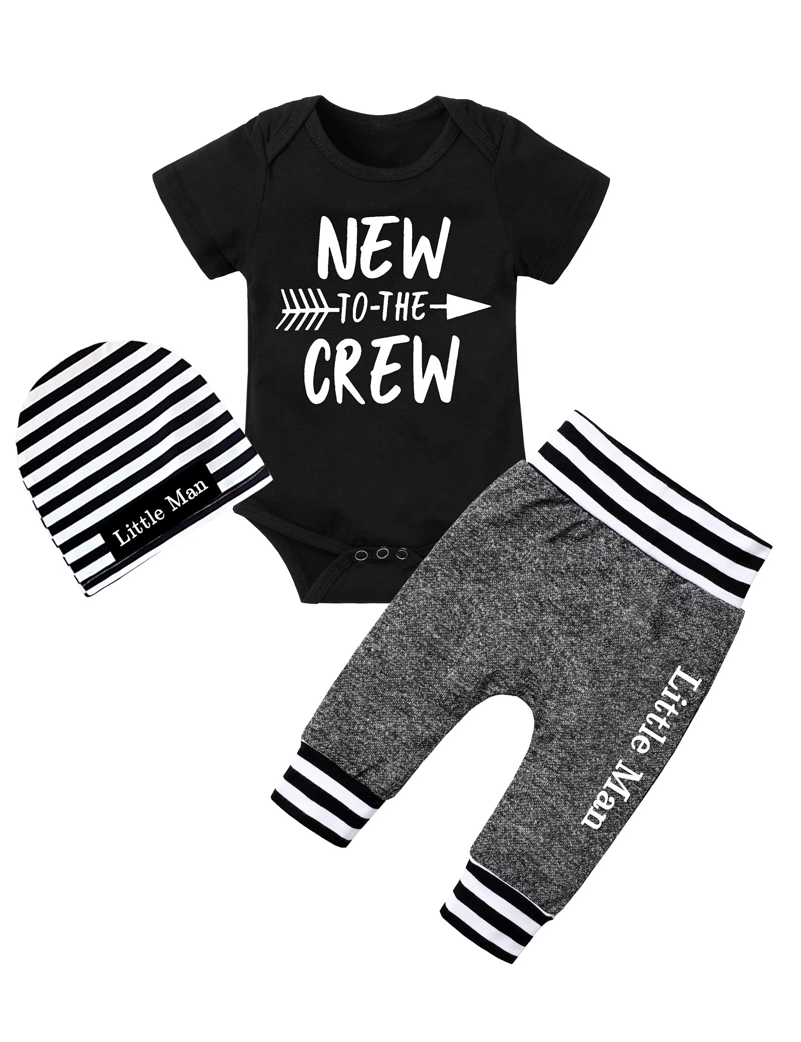 Baby Boy Clothes 0-3 Months Newborn Boy Outfits New To The Crew Short Sleeve Black Romper Shirts +Long Pants+Stripe Hat Cute Bab