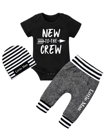 Baby Boy Clothes 0-3 Months Newborn Boy Outfits New To The Crew Short Sleeve Black Romper Shirts +Long Pants+Stripe Hat Cute Bab