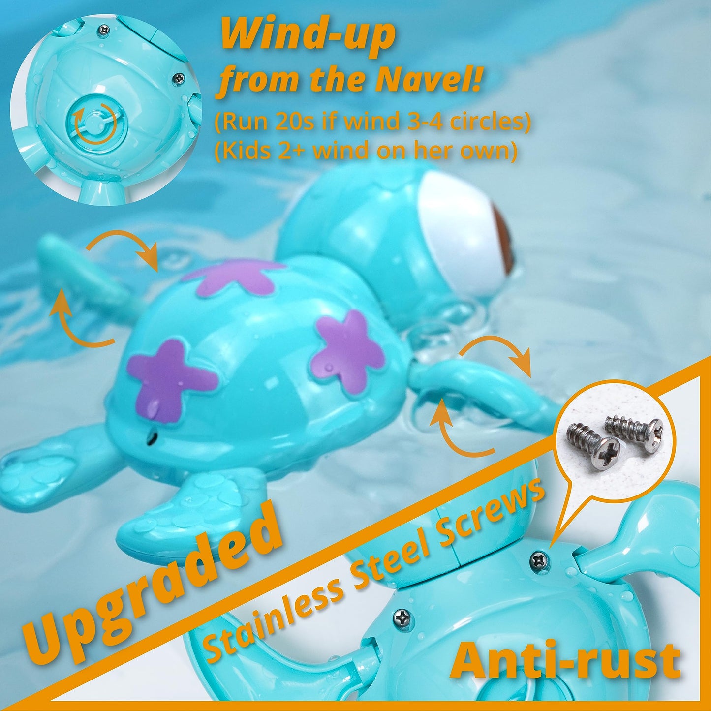 DUCKBOXX XX Wind-up Swimming Sea Turtles Bath Toy, No Battery Mold-Free Anti-Rust Interactive Montessori Toy for Kids 18M+ (Blue