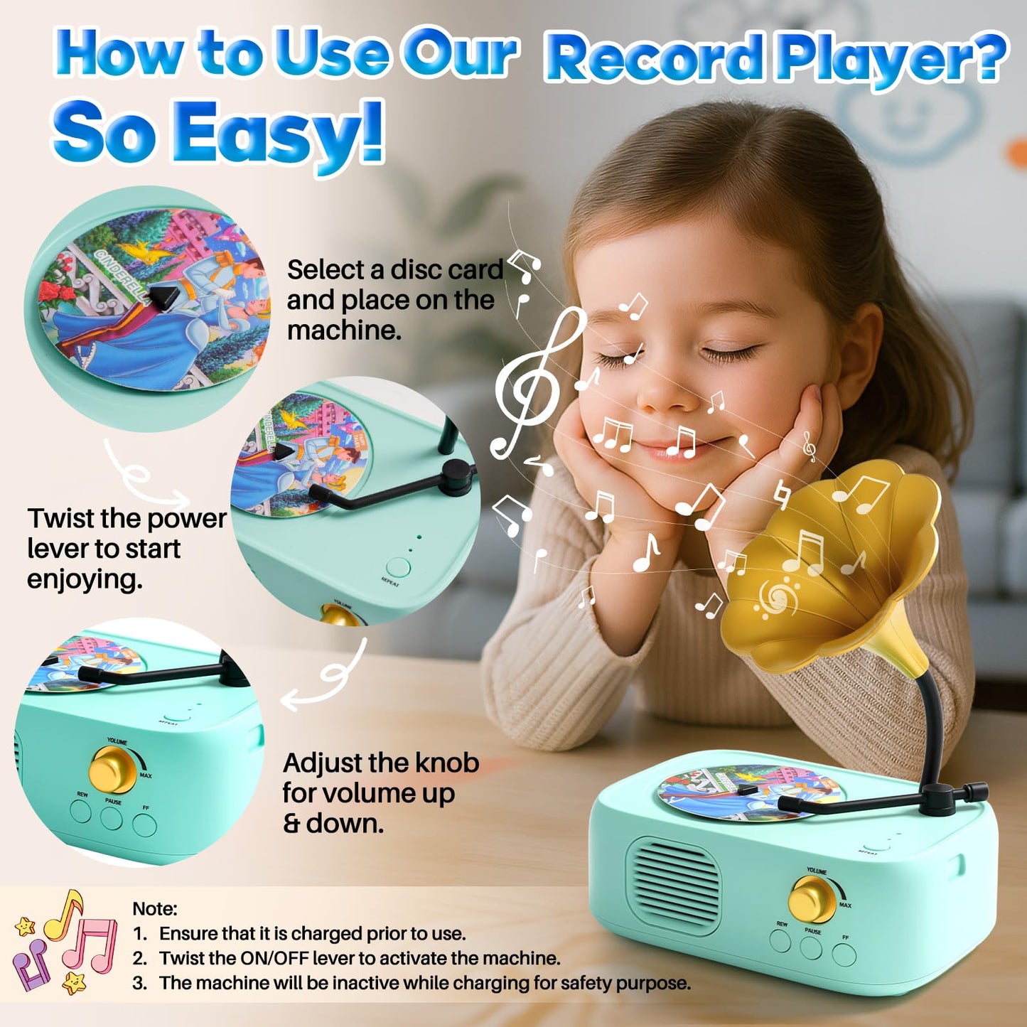 yimido Kids Phonograph Toddler Record Player, with 96 Learning Cards, Early Education Machine Record Player Music Box Storytelle