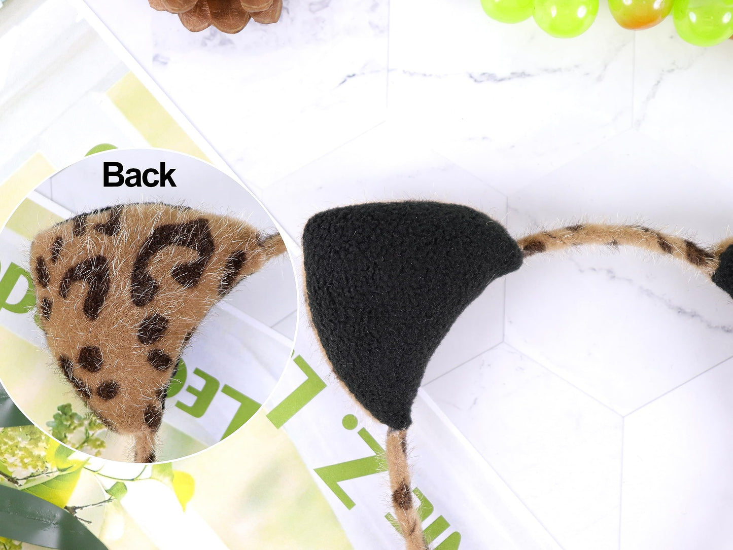 Bonnie Z. Leonardo Furry Cat Ears Headband Double-Sided Wear Black Leopard
