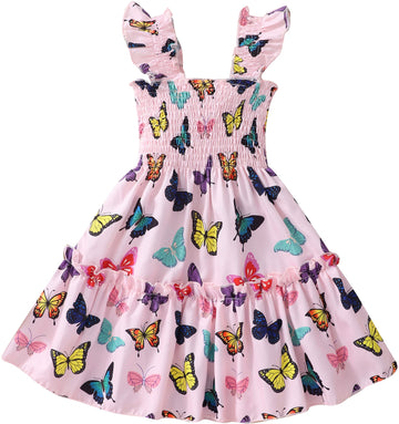 Baby Girl Butterfly Dresses Summer Toddler Butterfly Outfit Flutter Sleeve Sundress Kids Shirred Tiered Dress 6-7 Years