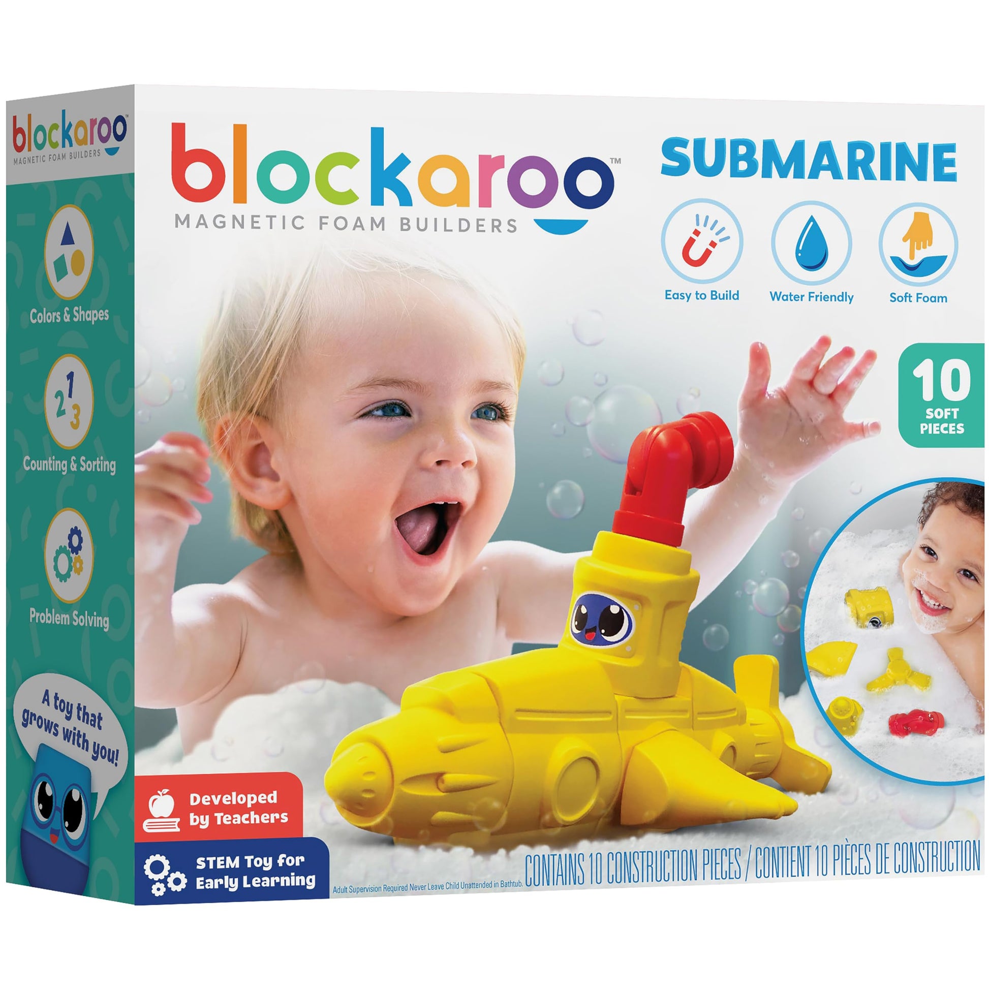 Blockaroo Magnetic Foam Building Blocks - 10-Piece Submarine, Bath Toys for Toddlers, Preschool Toys, Bathtub Toys, Sensory Toys
