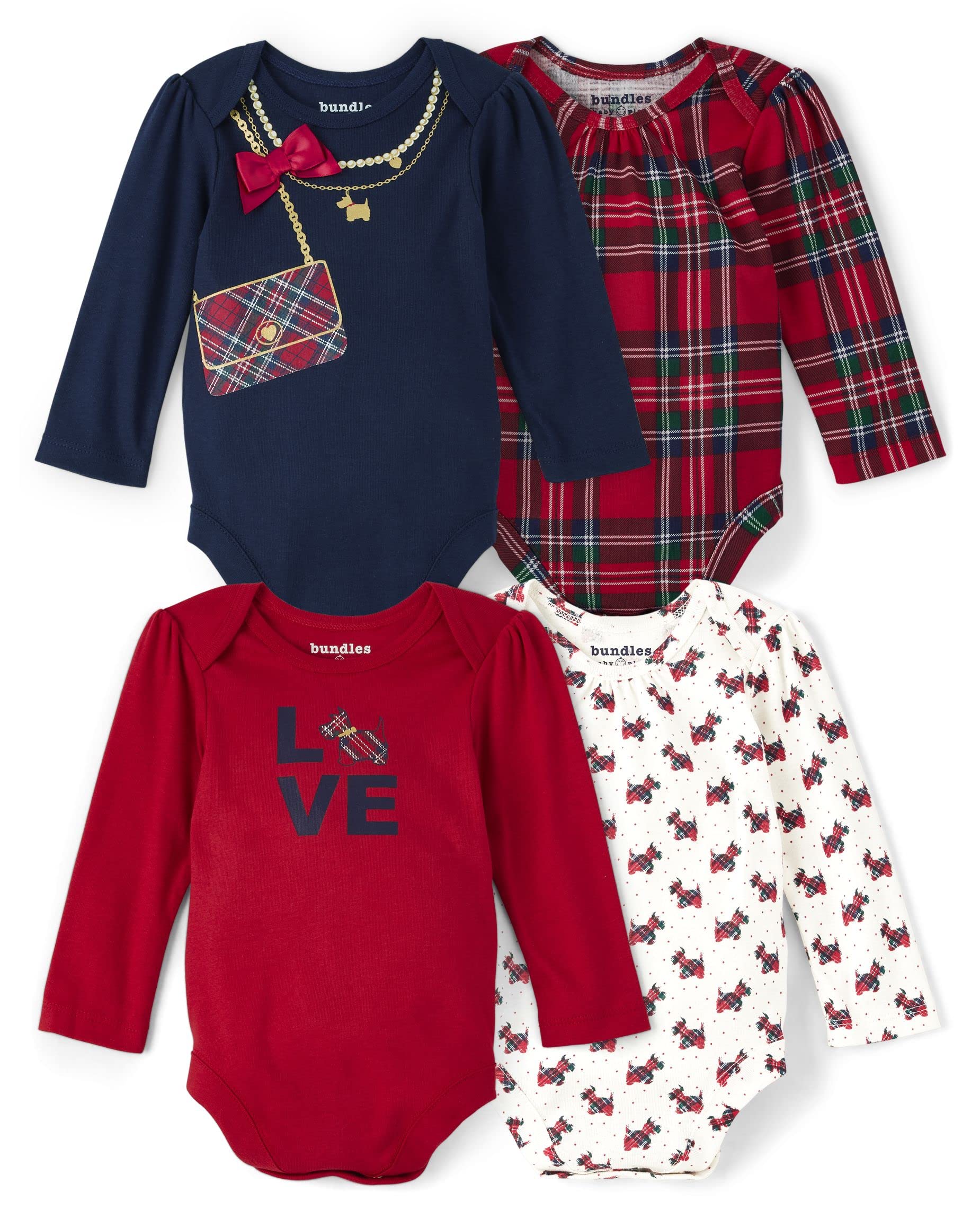 The Children'S Place Baby Long Sleeve 100% Cotton Onesie Bodysuits 4-Pack, Tidal Purse/Red Plaid/White Dogs/Ruby Love Dog 4 Pack
