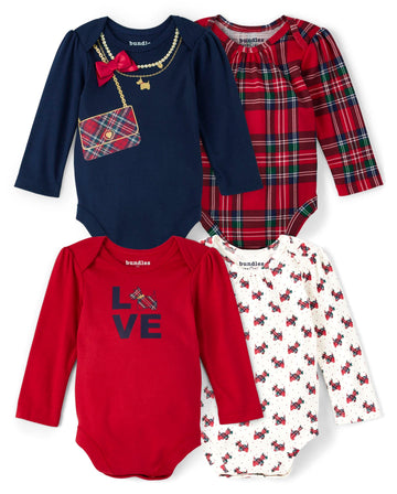 The Children'S Place Baby Long Sleeve 100% Cotton Onesie Bodysuits 4-Pack, Tidal Purse/Red Plaid/White Dogs/Ruby Love Dog 4 Pack