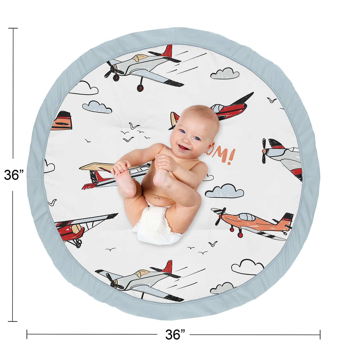 Sweet Jojo Designs Vintage Airplane Boy Baby Playmat Tummy Time Infant Play Mat - Grey Yellow Orange Red White And Blue Airplane