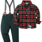 Disaur Boys Church Outfit Short Sleeve Christmas Red Plaid Flower Dress Shirt Bow Tie Suspender Green Pants Toddler Formal Outfi