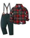 Disaur Toddler Boy Wedding Outfits Short Sleeve Christmas Red Plaid Flower Dress Shirt Bow Tie Suspender Green Pants Baptism Out