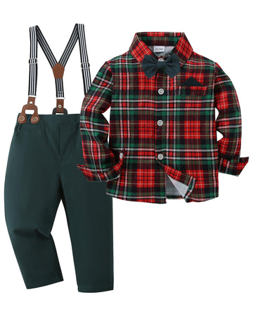 Disaur Matching Family Outfits Short Sleeve Christmas Red Plaid Flower Dress Shirt Bow Tie Suspender Green Pants Boys Church Out