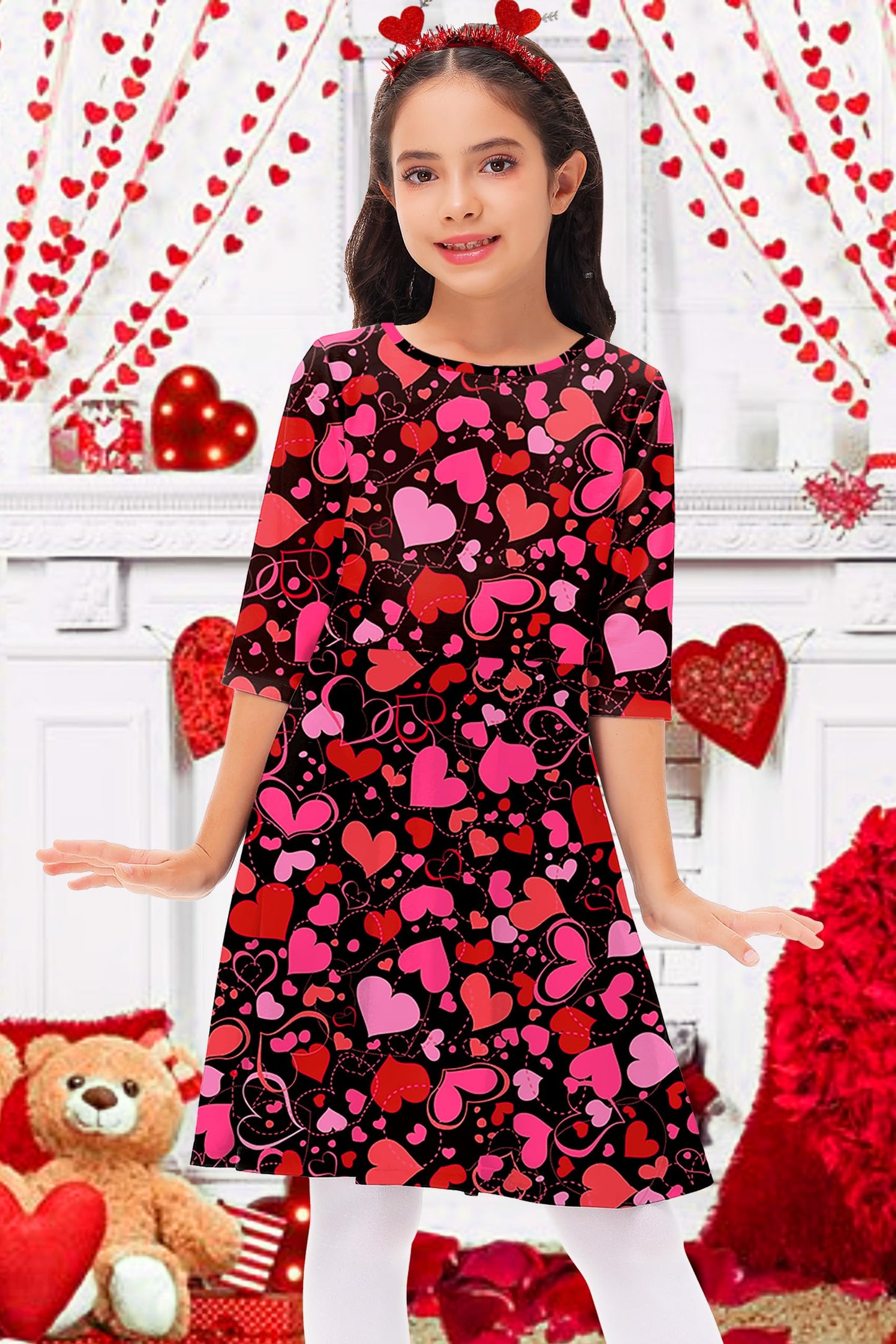 Girls Valentine'S Heart Outfit Red Pink Love Print Dress Crewneck Fashion Gift Skater Dresses 5-6 Years