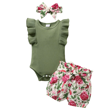 Tiny Cutey Baby Girl Clothes Infant Summer Outfits Set Ruffle Sleeve Romper And Floral Shorts With Headband (Green Romper+Vintag