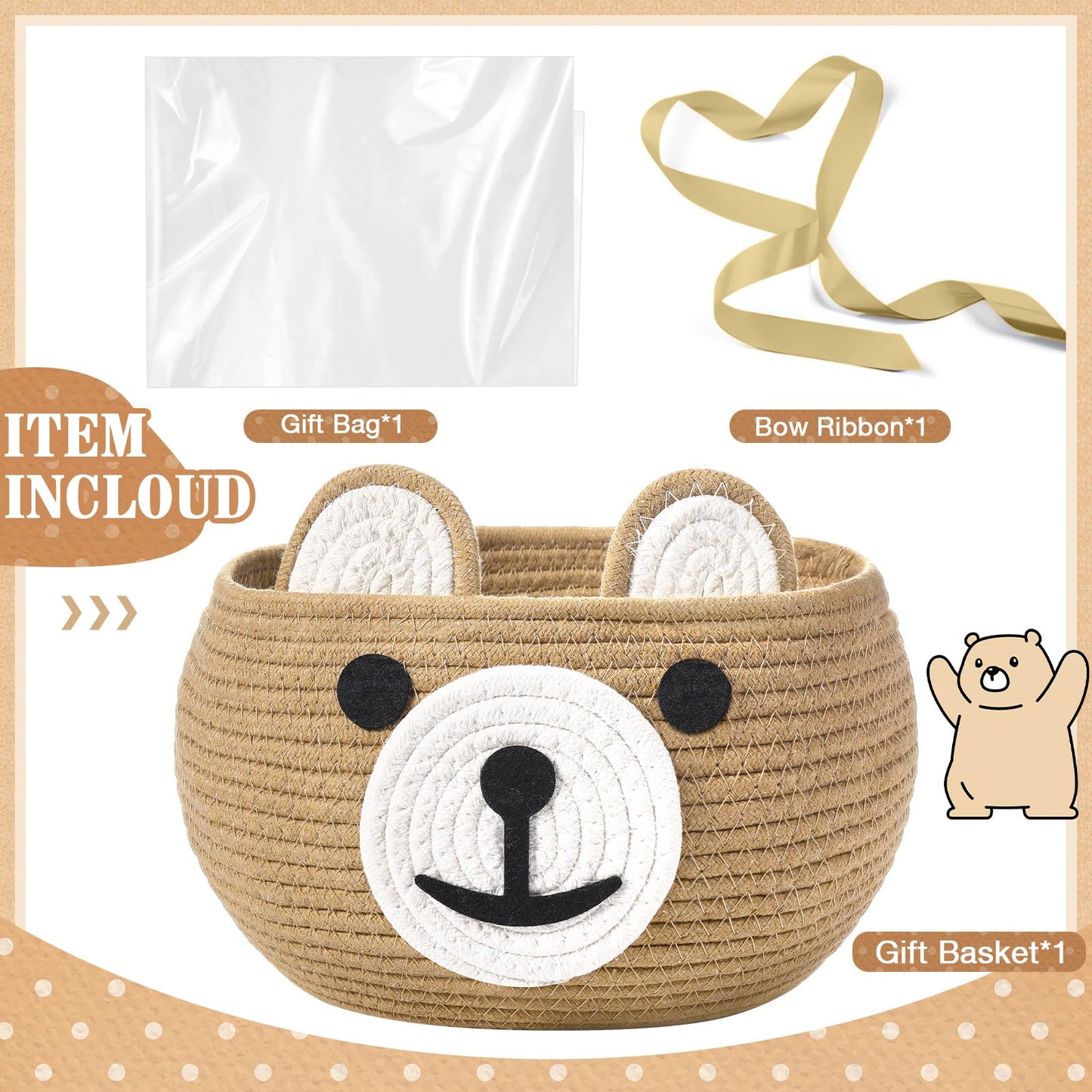 Zopeal Baby Basket For Nursery With Gift Bags And Ribbons Cotton Rope Woven Bear Gift Basket With Handles For Living Room Bathro
