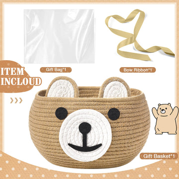 Zopeal Baby Basket For Nursery With Gift Bags And Ribbons Cotton Rope Woven Bear Gift Basket With Handles For Living Room Bathro