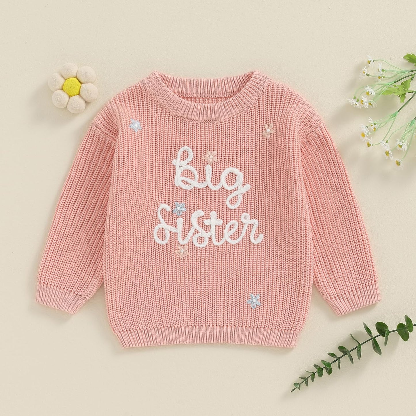 Amnnchya Toddler Infant Baby Girl Knit Sweater Big Sister Little Sister Matching Outfits Long Sleeve Pullover Sweatshirt (Pink,