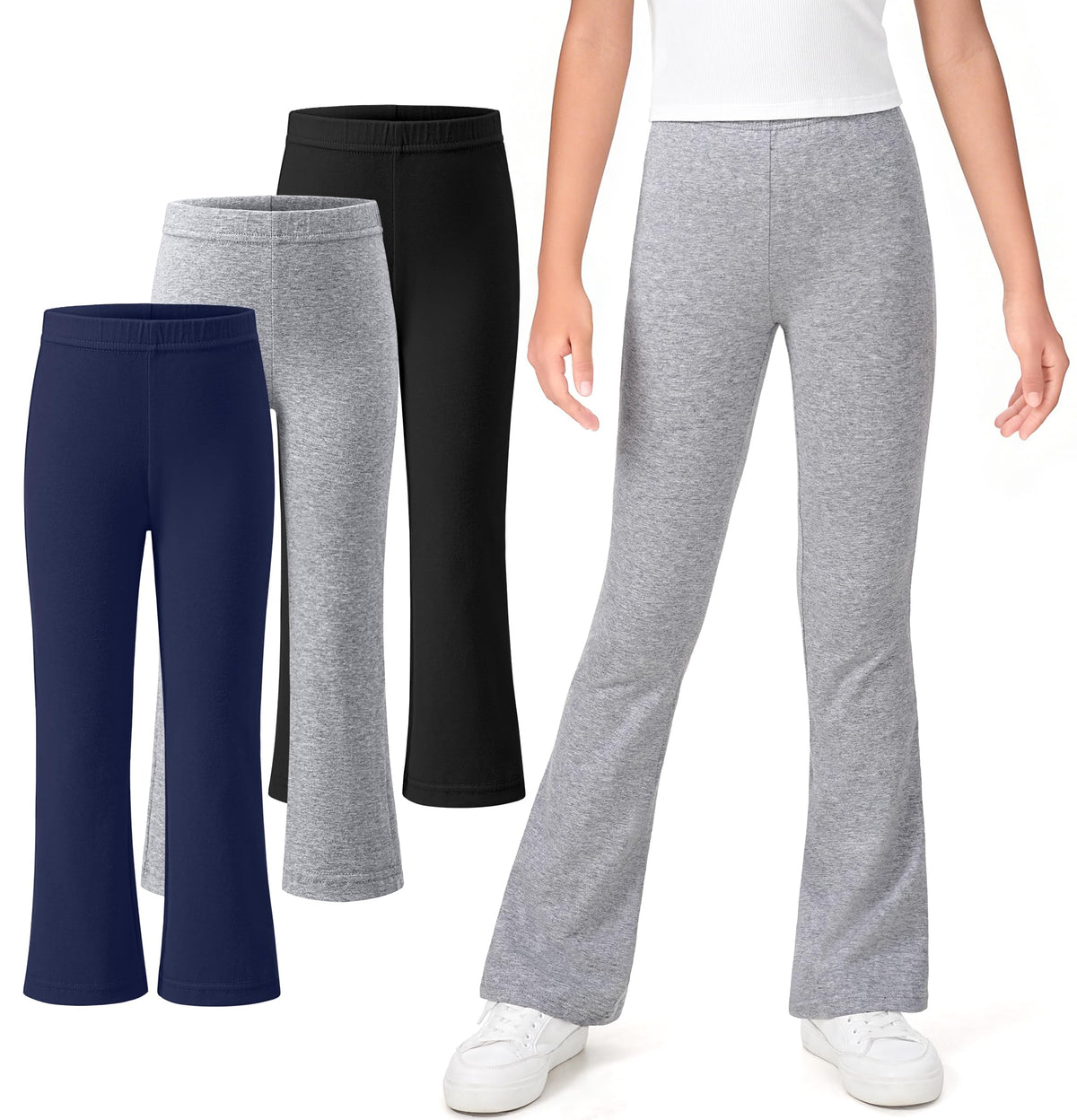 KEREDA 3 Pack School Uniform Pants for Girls Flare Leggings Bell Bottoms Trendy Clothes for Teen Girls Kids, Blacklight Grayna