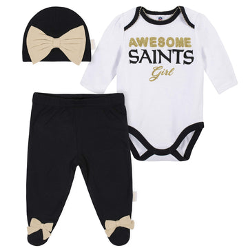 Nfl New Orlean Saints 3 Pack Bodysuit Footed Pant And Cap Registry Gift Set, Blackwhite New Orlean Saints, 6-9M