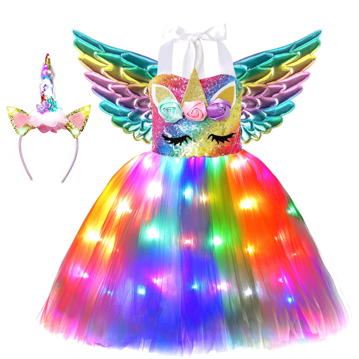 Soyoekbt Girls Unicorn Costume LED Light Up Unicorn Princess Dress Birthday Party Outfit Halloween Tutu Dress with Headband Rain