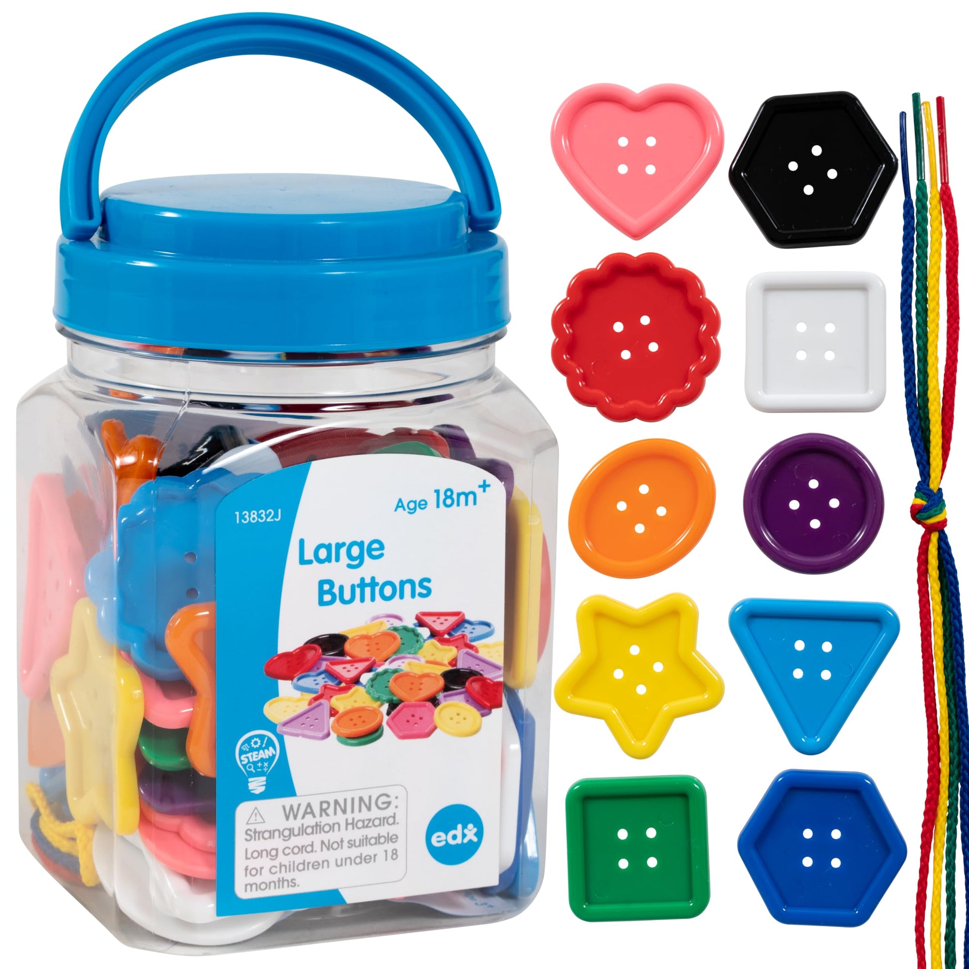 Edx Education - 13832 Large Buttons - Mini Jar - Lacing Activity - Sensory and Fine Motor Skill Development - Math Manipulative